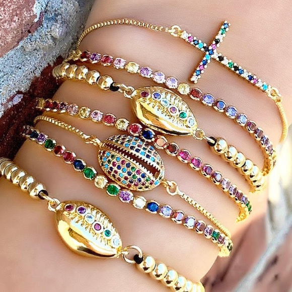 Multicolor Pave Gold Cowrie Shell Slider Bracelet - Picture 3 of 3